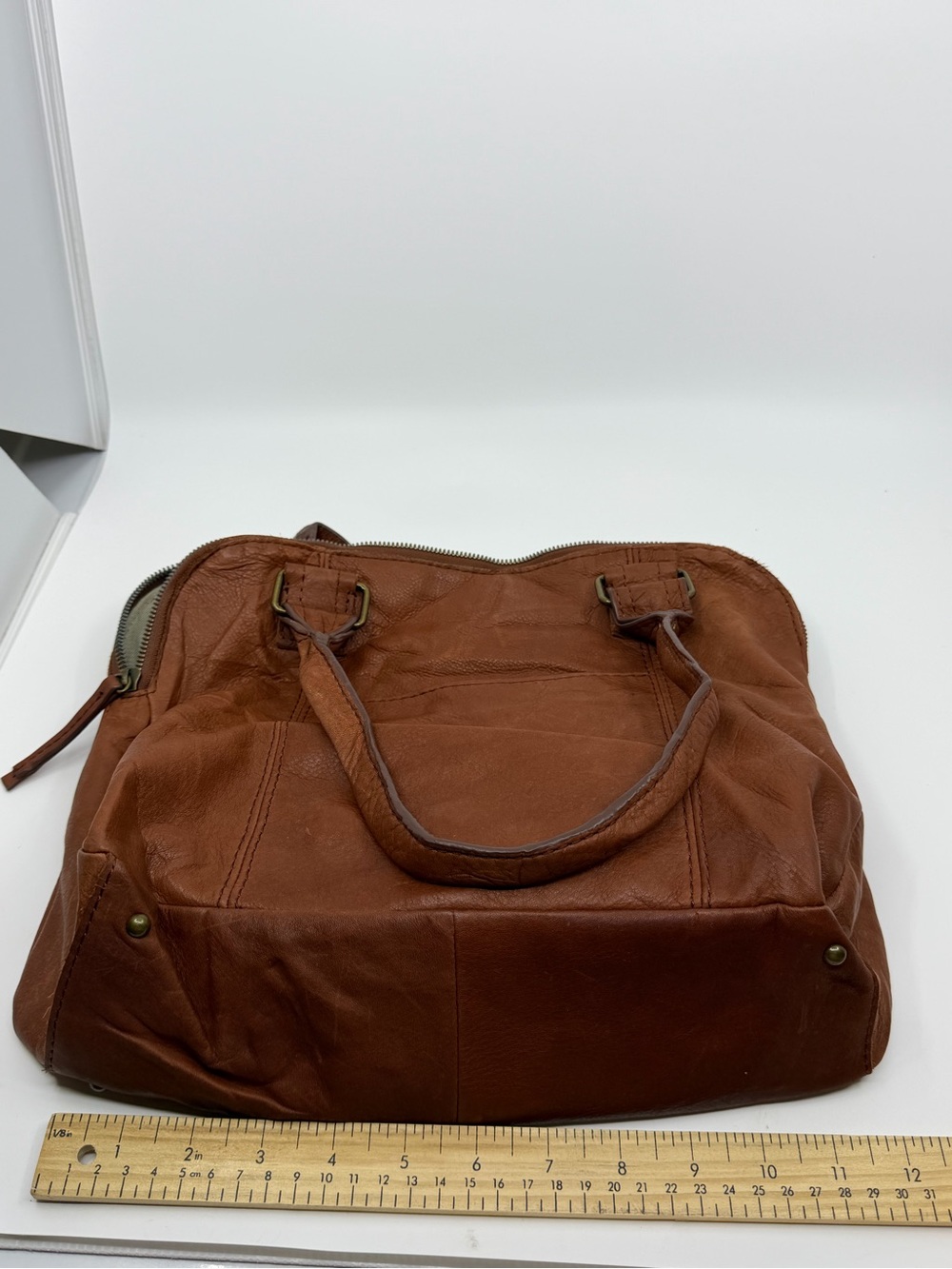 American Leather Co Cognac Genuine Leather Satchel Shoulder Bag Boho - Picture 10 of 11